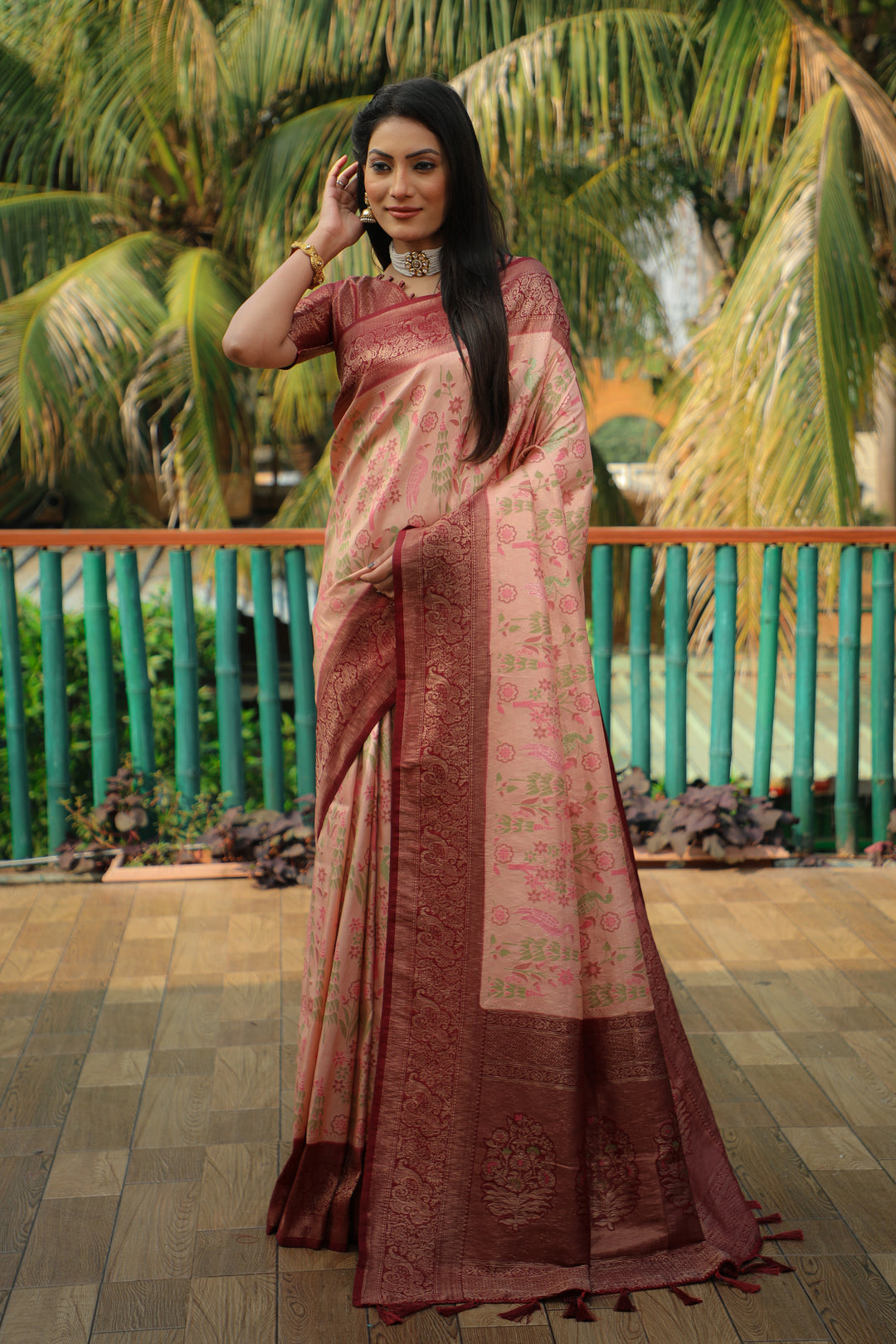 Stunning peach Kanjivaram soft silk saree with a heavy blouse, perfect for bridal wear and grand celebrations.