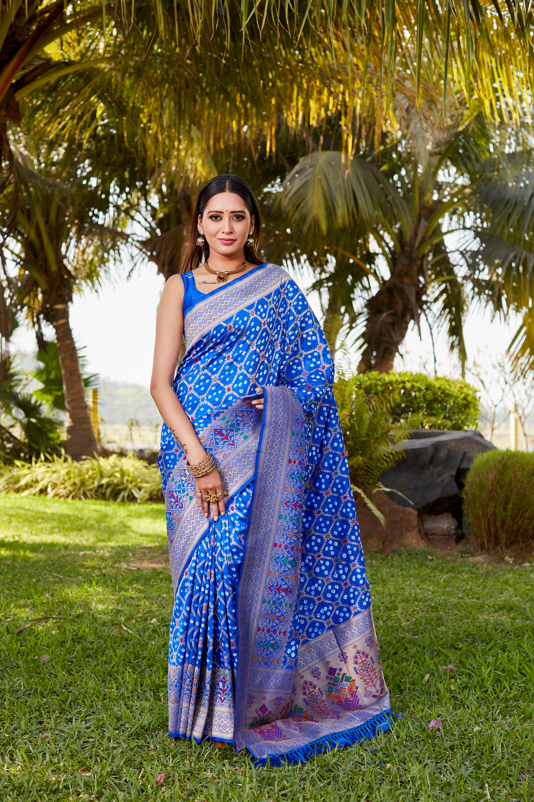 Elegant purple Gharchola Bandhej silk saree with beautiful meenakari borders and zari detailing, perfect for special events.