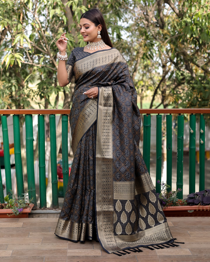 Designer saree in classic black, lightweight and easy to drape, ideal for cultural celebrations.