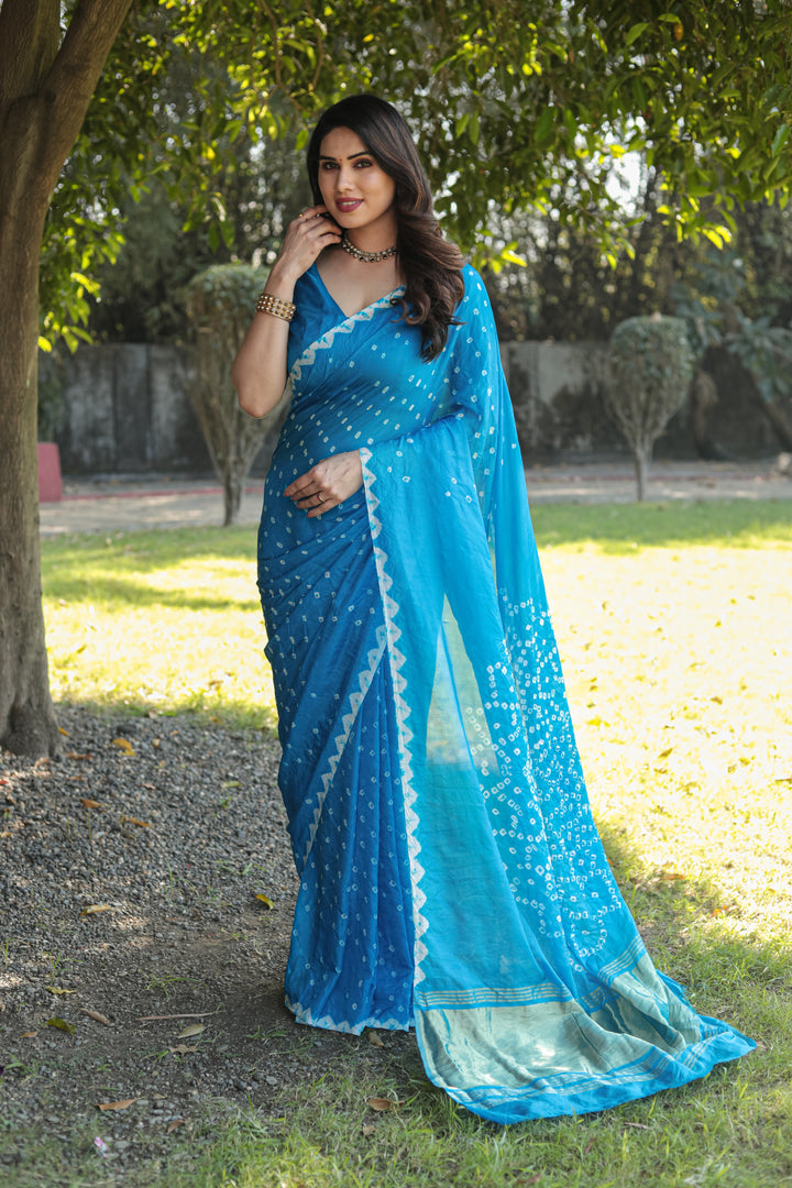 Premium Sky-Blue Bandhej Silk Saree featuring Zari weaving and elegant Pallu, ideal for festive events.