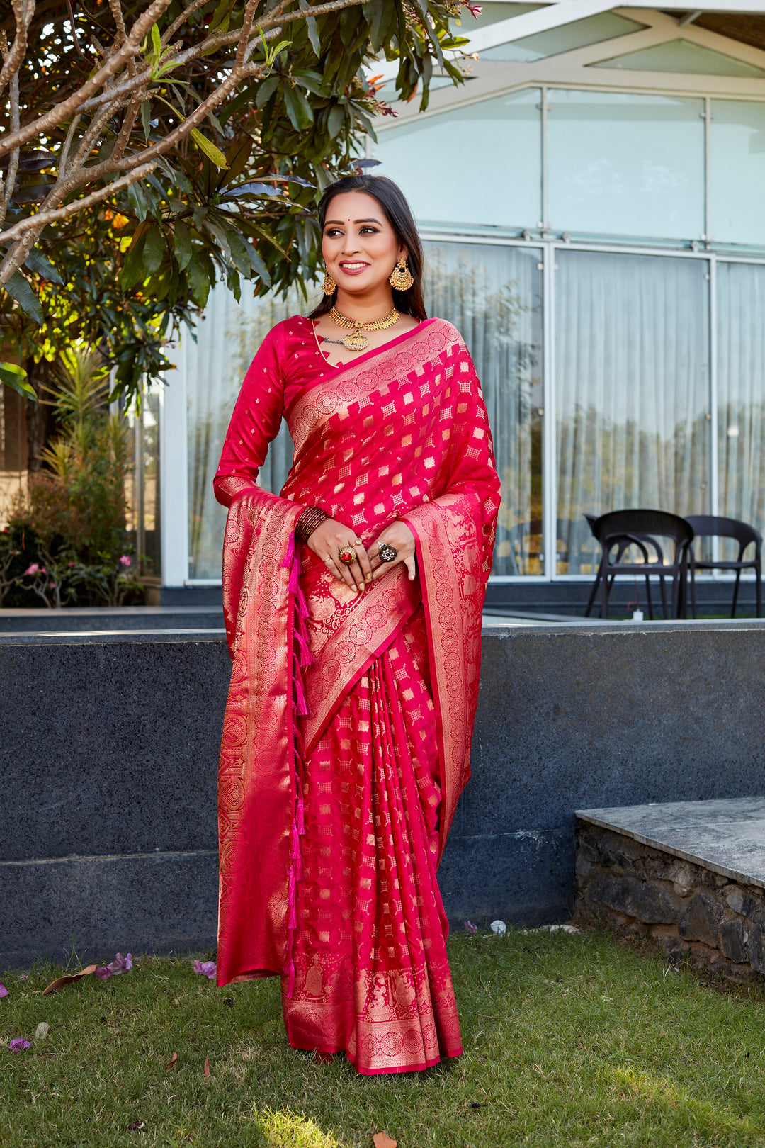 Premium Pink Satin Silk Saree with dual weave and elegant pallu for weddings and celebrations.