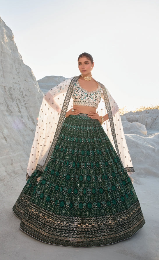 Alluring green georgette lehenga choli set, perfect for weddings and special events