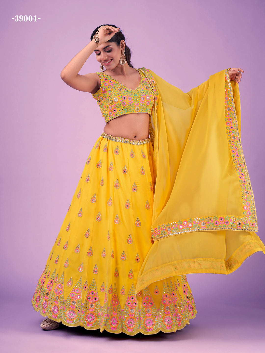 Wedding-ready Yellow Georgette Lehenga | Elegant Threadwork Included