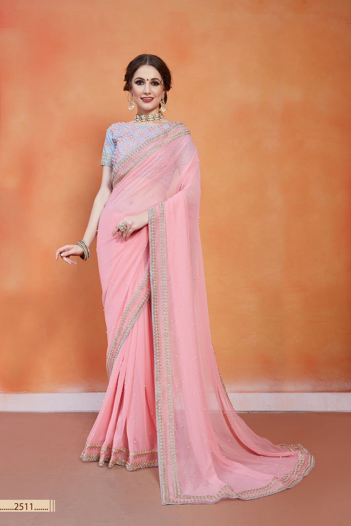 Baby Pink Saree | Georgette with Thread & Pearl Work