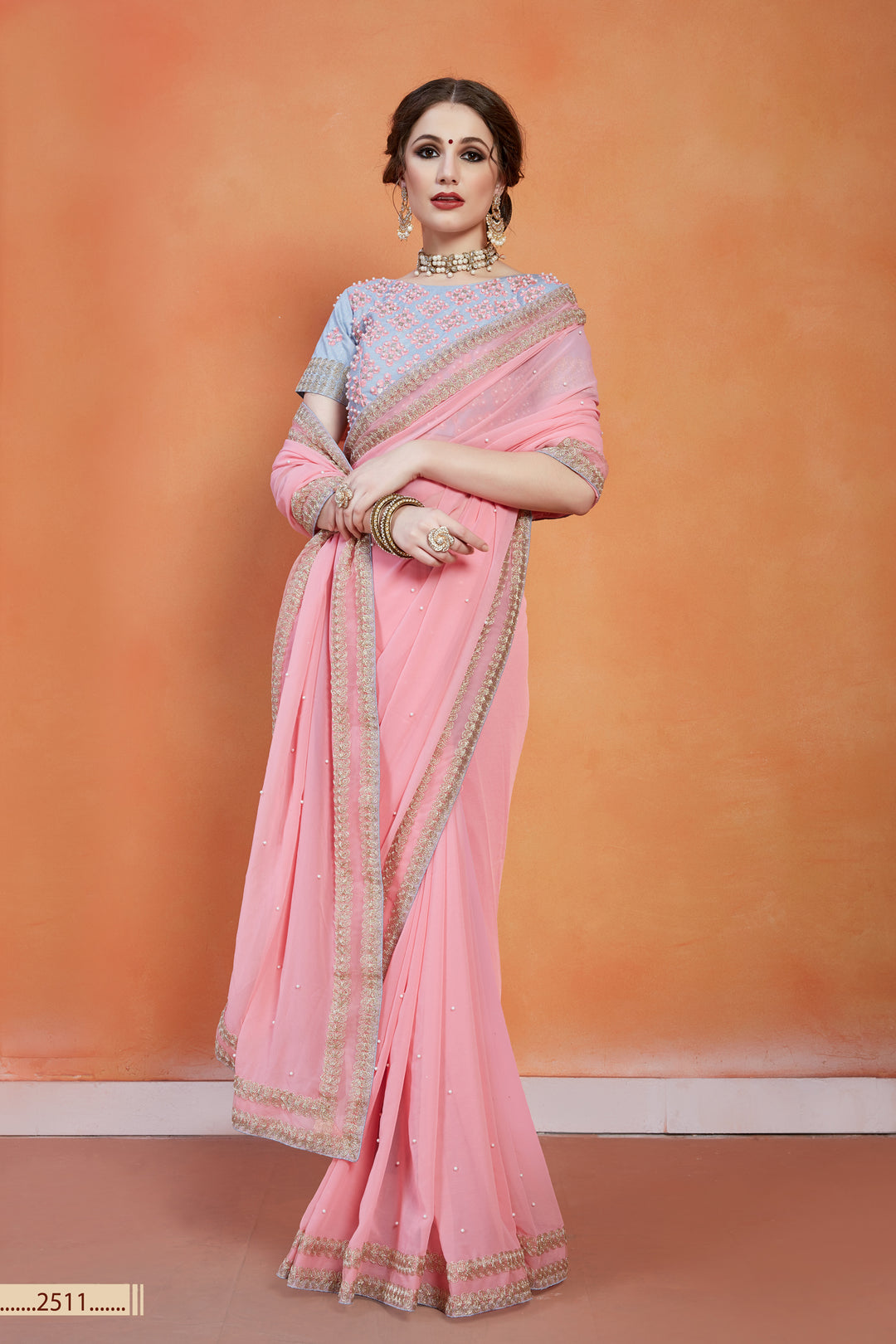 Baby Pink Saree | Georgette with Thread & Pearl Work