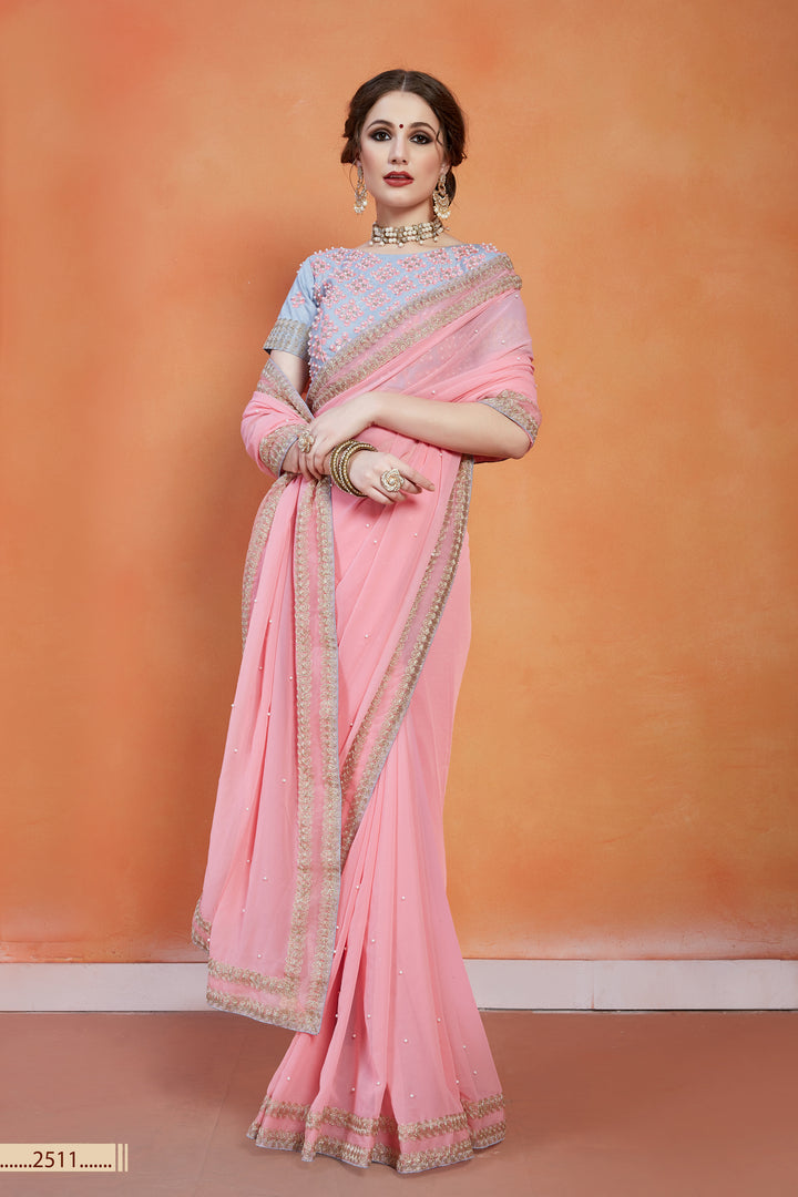 Baby Pink Saree | Georgette with Thread & Pearl Work