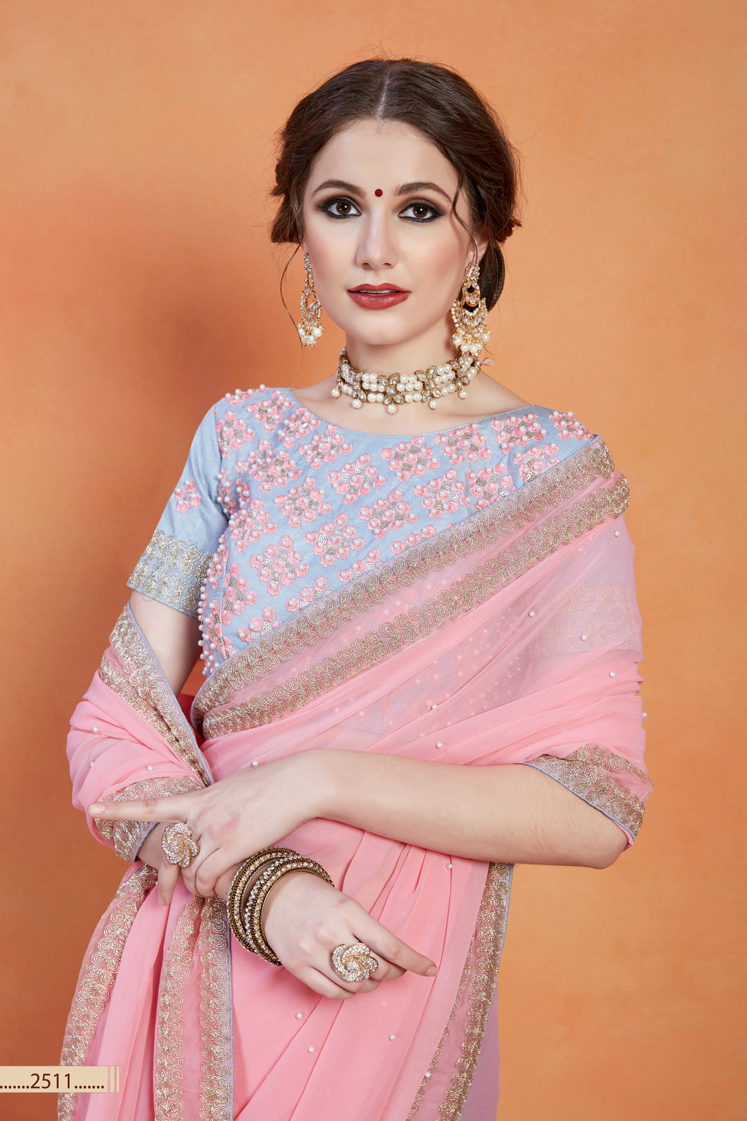 Baby Pink Saree | Georgette with Thread & Pearl Work