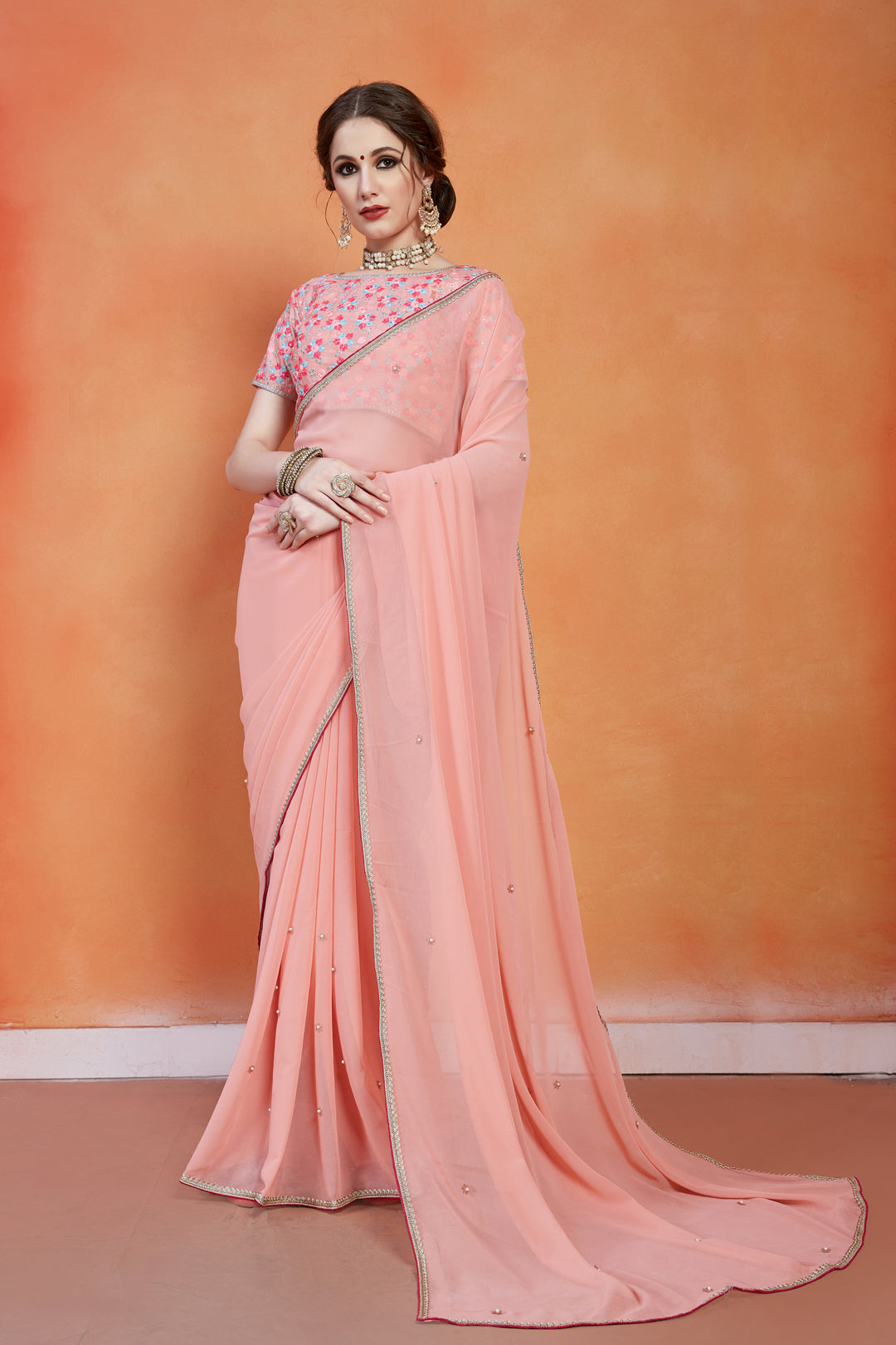 Peach Georgette Saree | Elegant Traditional Banglori Silk Design