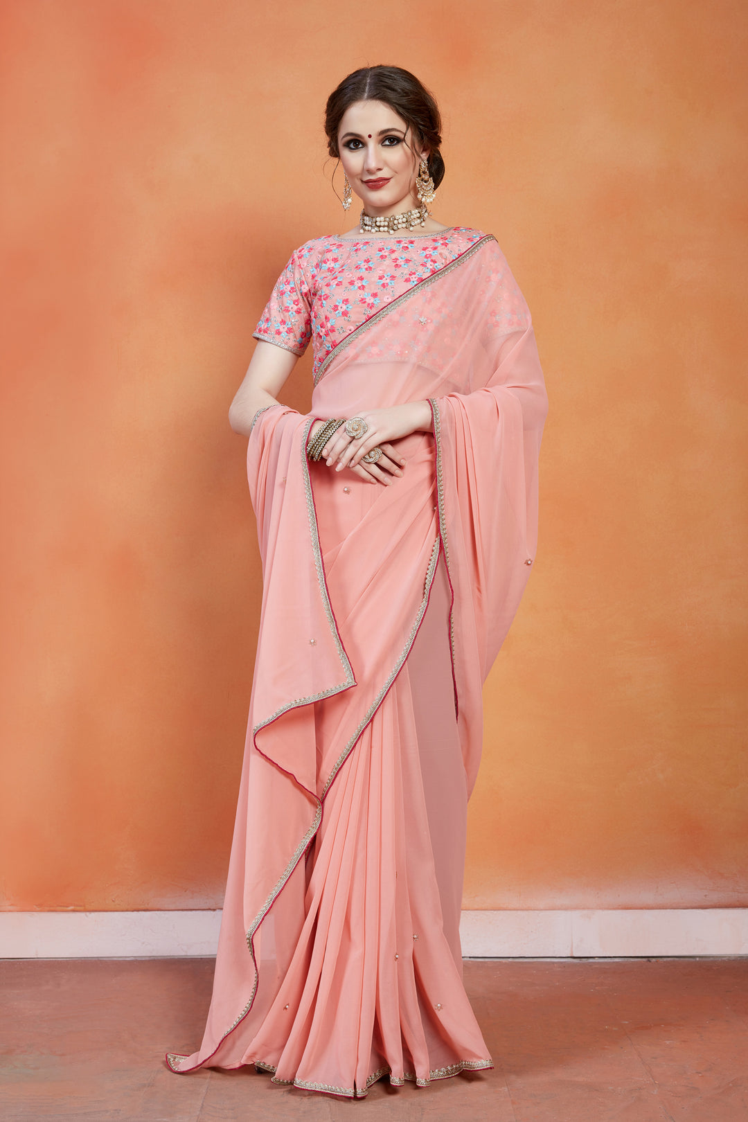 Peach Georgette Saree | Elegant Traditional Banglori Silk Design