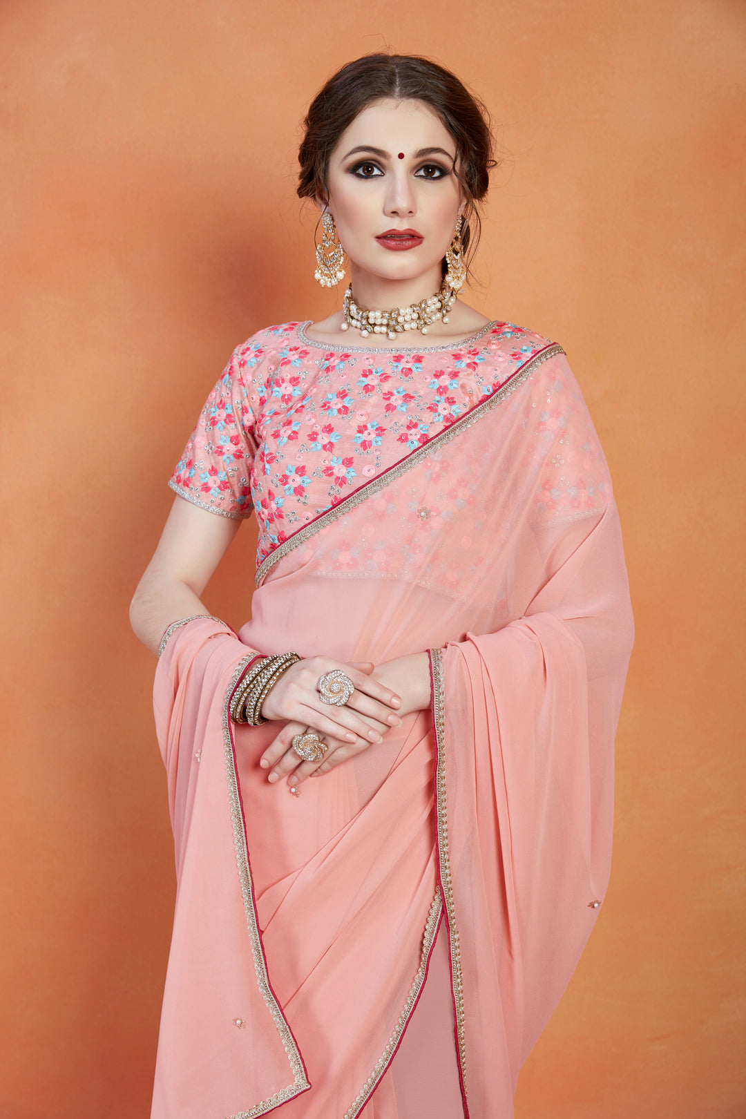 Peach Georgette Saree | Elegant Traditional Banglori Silk Design