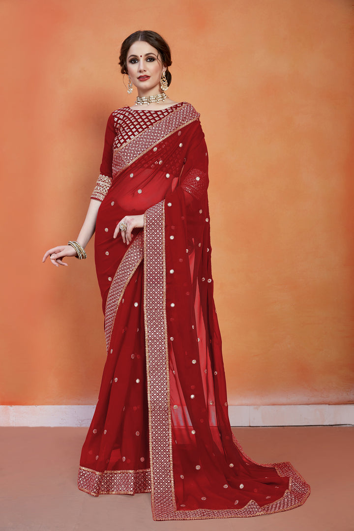 Red Maroon Georgette Saree | Banglori Silk with Sequins & Zari