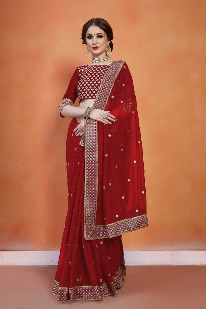 Red Maroon Georgette Saree | Banglori Silk with Sequins & Zari