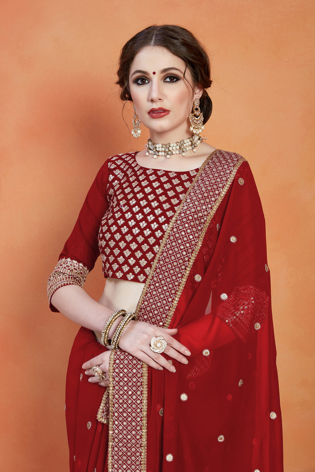 Red Maroon Georgette Saree | Banglori Silk with Sequins & Zari