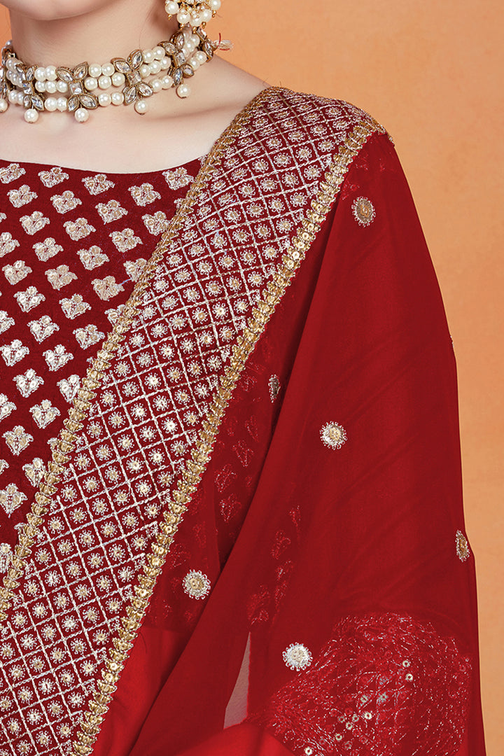 Red Maroon Georgette Saree | Banglori Silk with Sequins & Zari