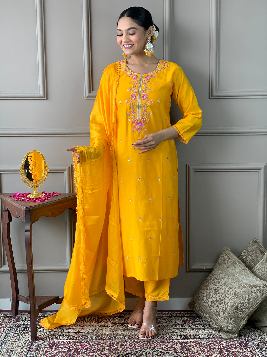 Mustard Kurti Set | Women Kurta Pant Set with Embroidery Work