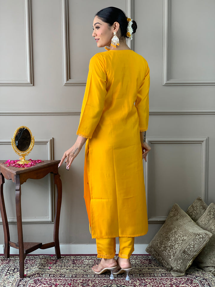 Mustard Kurti Set | Women Kurta Pant Set with Embroidery Work