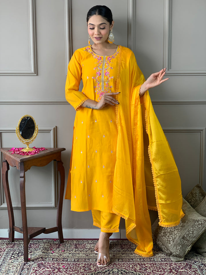 Mustard Kurti Set | Women Kurta Pant Set with Embroidery Work