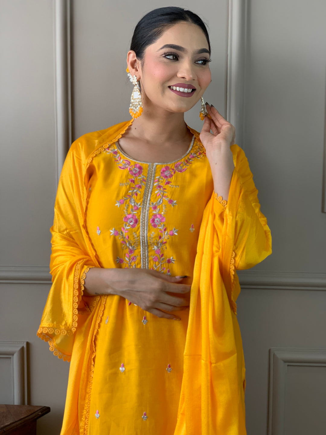 Mustard Kurti Set | Women Kurta Pant Set with Embroidery Work