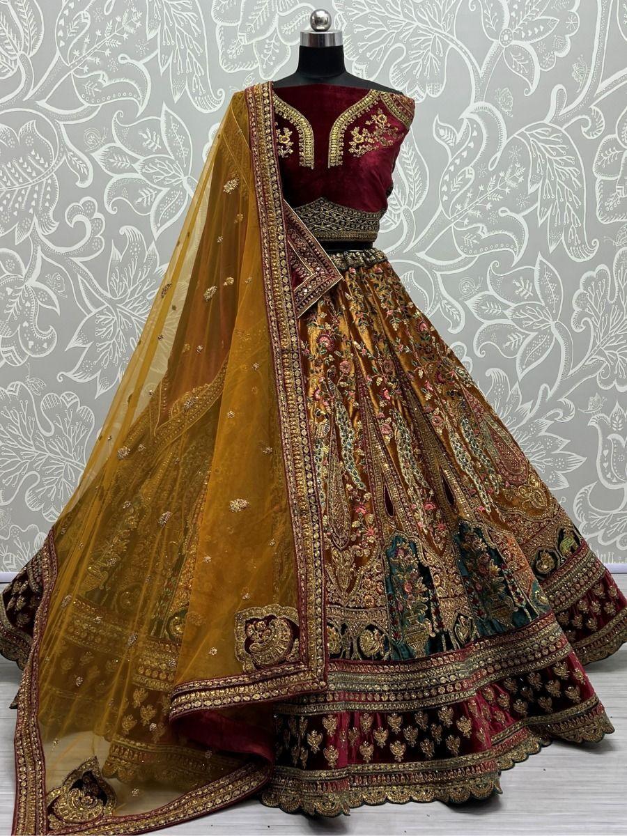 Stunning Maroon and Yellow Lehenga Choli | Velvet with Dori & Diamond Work