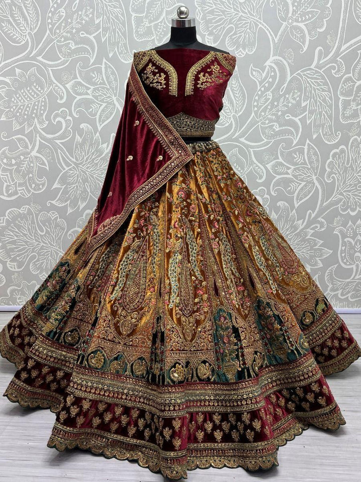 Stunning Maroon and Yellow Lehenga Choli | Velvet with Dori & Diamond Work