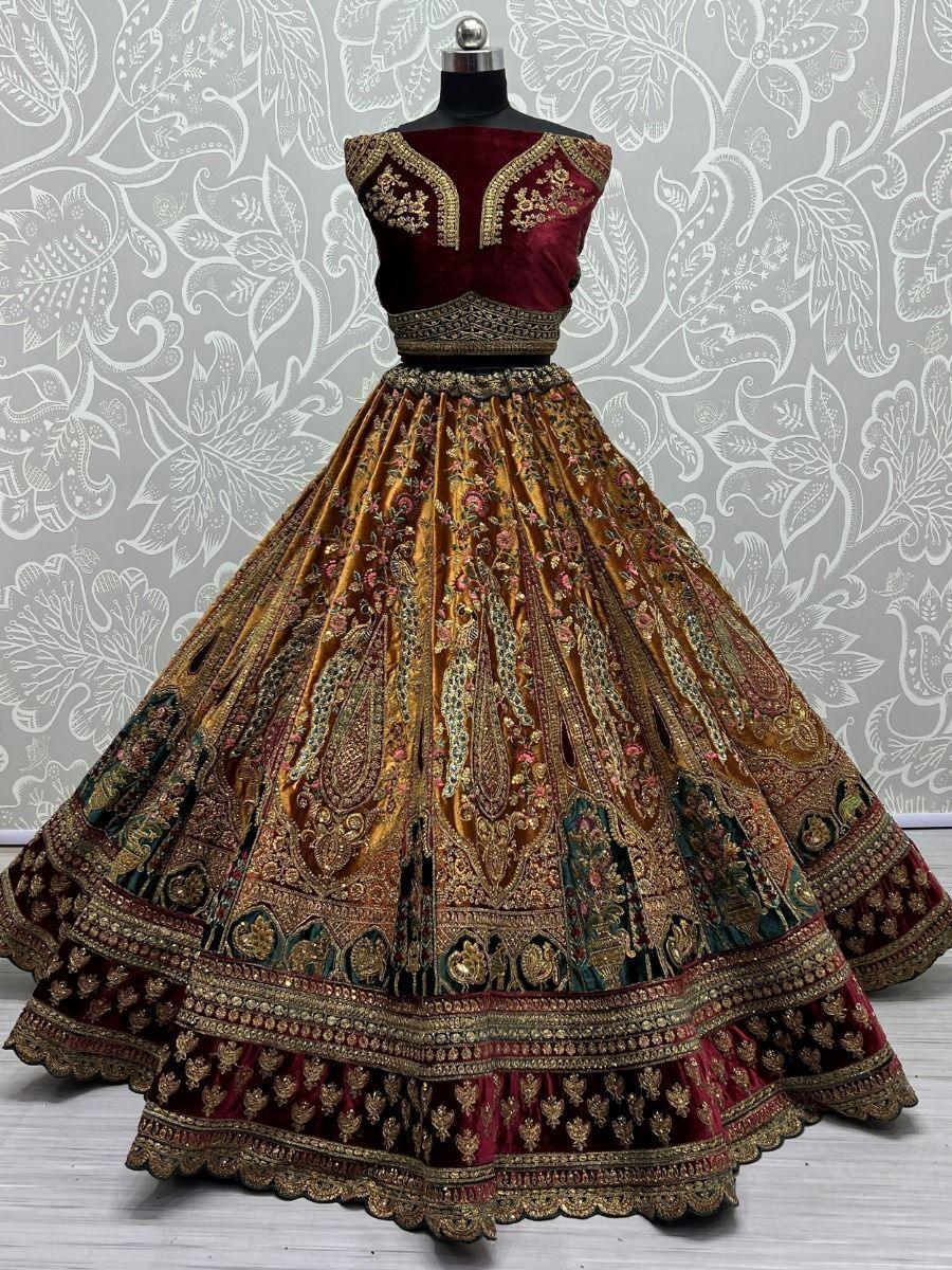 Stunning Maroon and Yellow Lehenga Choli | Velvet with Dori & Diamond Work