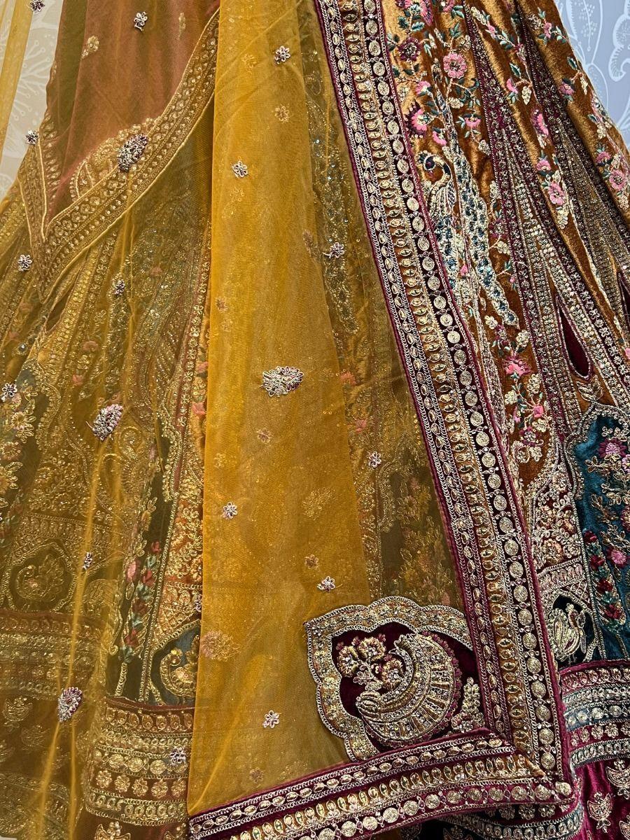 Stunning Maroon and Yellow Lehenga Choli | Velvet with Dori & Diamond Work