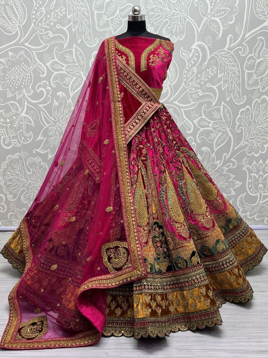 Gorgeous Rani Pink Bridal Lehenga | Velvet with Sequin & Multi-Thread Embroidery