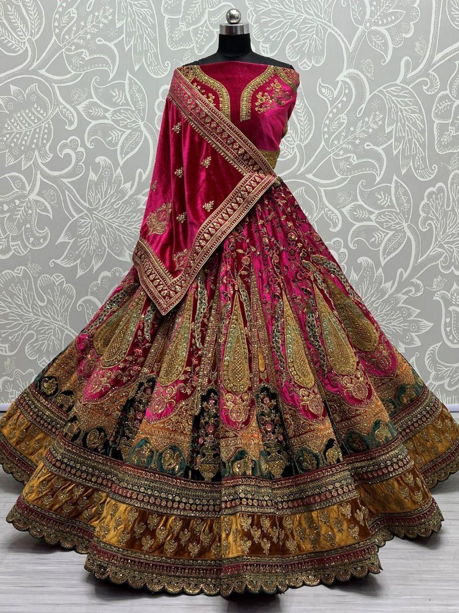 Gorgeous Rani Pink Bridal Lehenga | Velvet with Sequin & Multi-Thread Embroidery