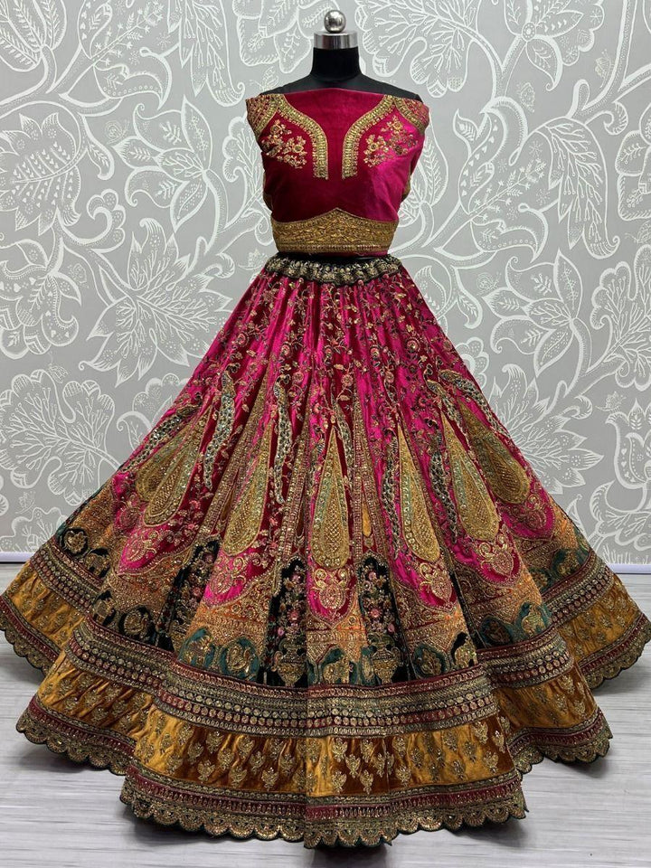 Gorgeous Rani Pink Bridal Lehenga | Velvet with Sequin & Multi-Thread Embroidery