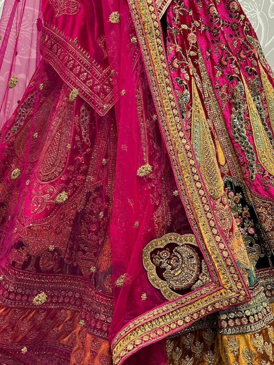 Gorgeous Rani Pink Bridal Lehenga | Velvet with Sequin & Multi-Thread Embroidery