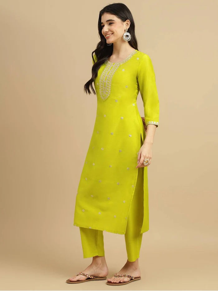 Lime Chinon Kurti Set | Embroidered Heavy Thread Work for Women