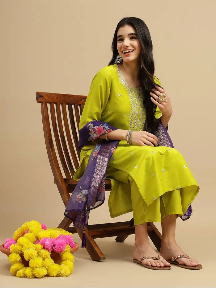 Lime Chinon Kurti Set | Embroidered Heavy Thread Work for Women