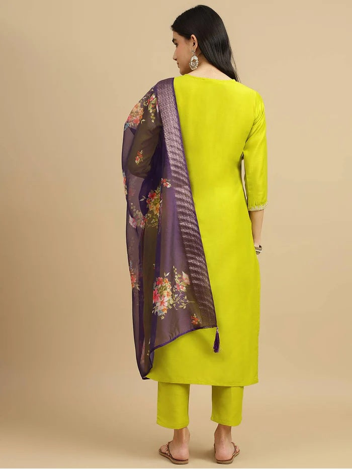 Lime Chinon Kurti Set | Embroidered Heavy Thread Work for Women