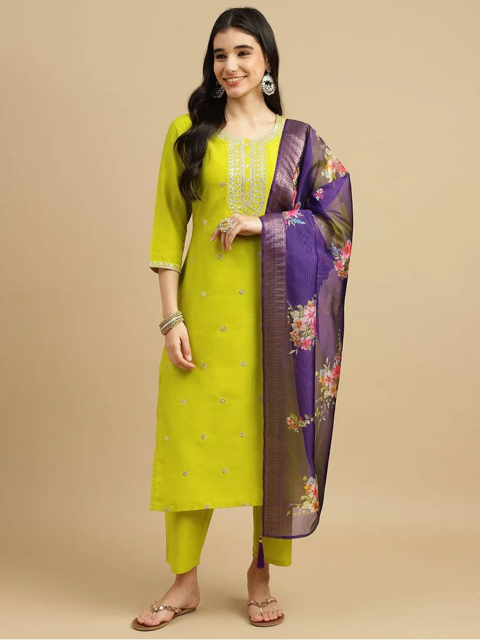 Lime Chinon Kurti Set | Embroidered Heavy Thread Work for Women