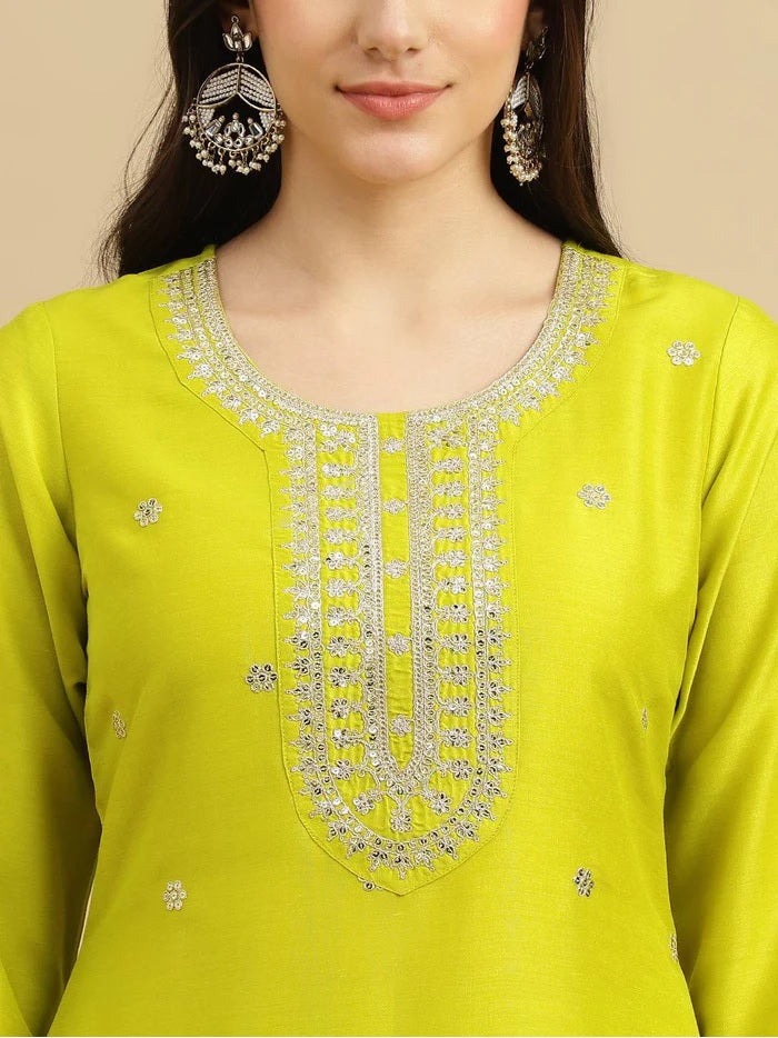 Lime Chinon Kurti Set | Embroidered Heavy Thread Work for Women