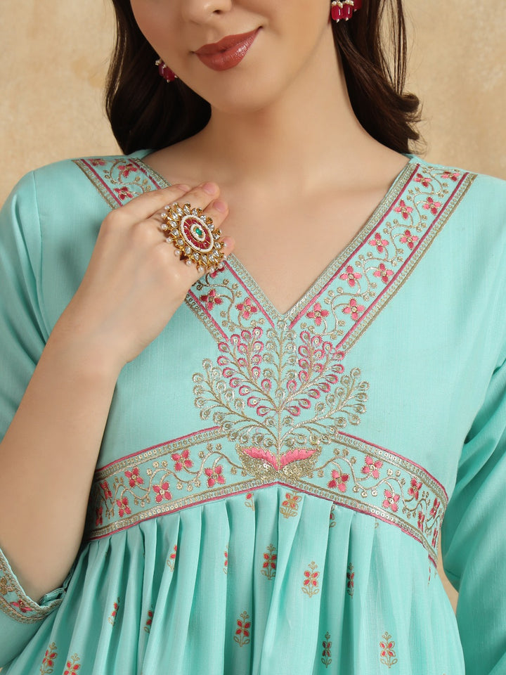 Sky Blue Rayon Slub Kurti Set | Indian Ethnic Wear for Women