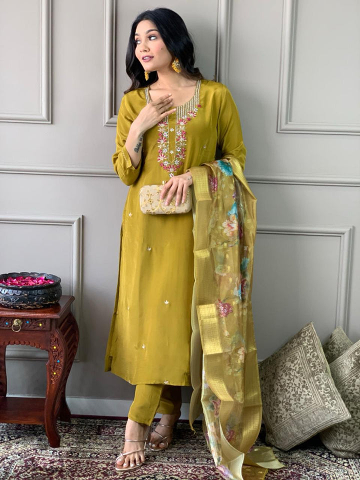 Indian Mustard Kurta Set | Embroidered Ethnic Wear for Special Occasions