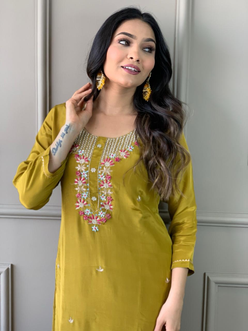 Indian Mustard Kurta Set | Embroidered Ethnic Wear for Special Occasions