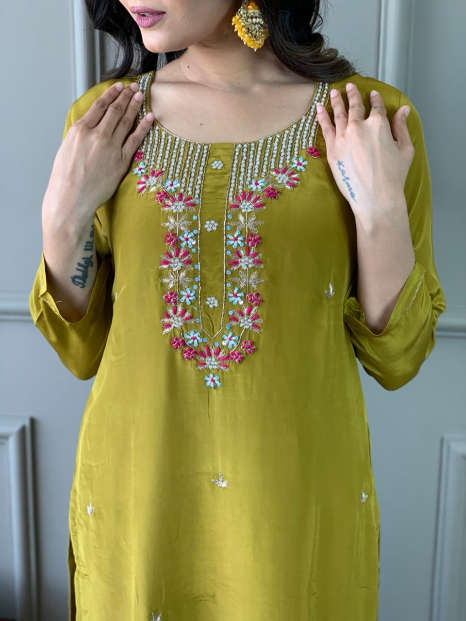 Indian Mustard Kurta Set | Embroidered Ethnic Wear for Special Occasions