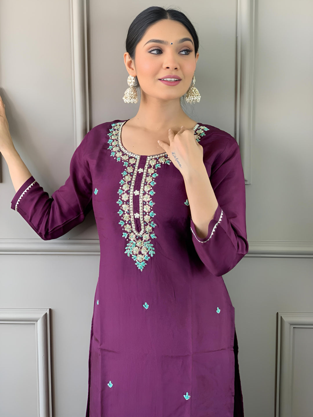 Wine Kurti Set | Viscose Chanderi Fabric with Embroidery Work