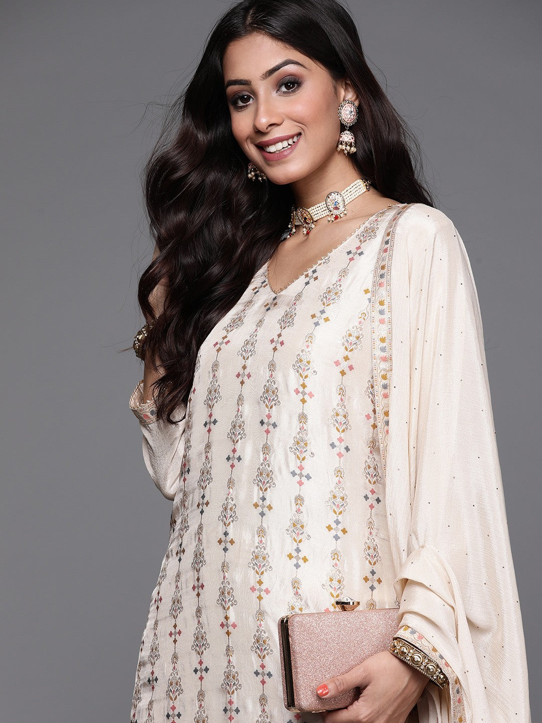 Cream Kurti Set | Viscose Jacquard with Woven Work for Women