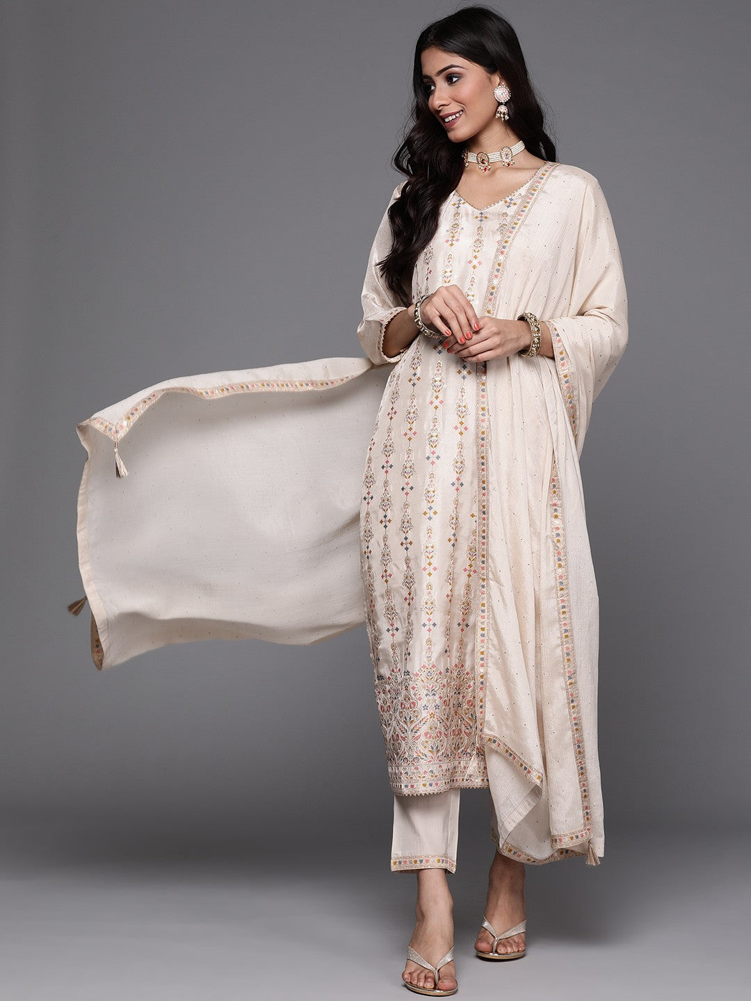 Cream Kurti Set | Viscose Jacquard with Woven Work for Women