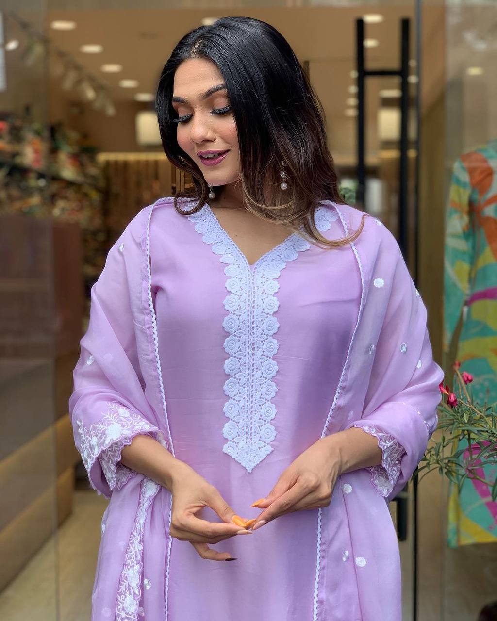 Lavender Georgette Kurti Set for Women | Indian Ethnic Wear