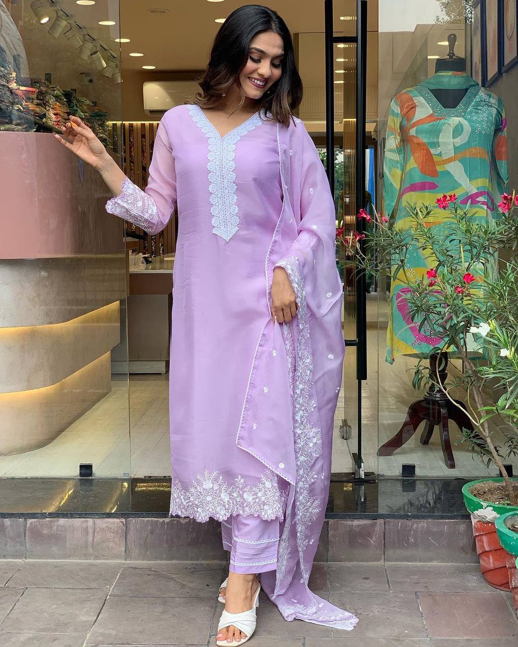 Lavender Georgette Kurti Set for Women | Indian Ethnic Wear