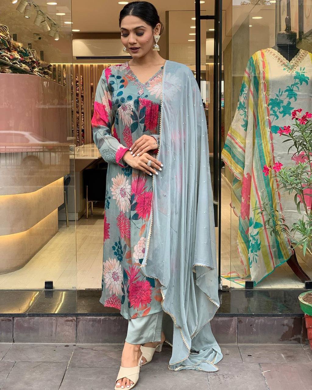 Grey Pure Russian Silk Kurti Set for Women | Indian Ethnic Wear