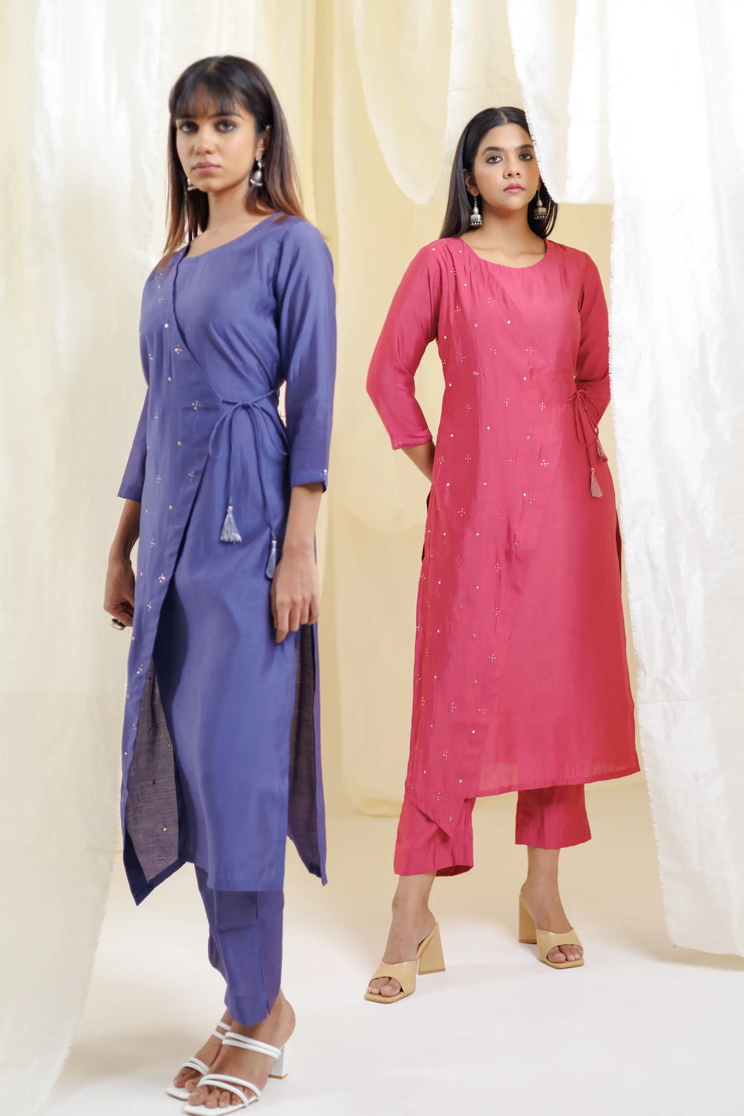 Hot-pink Kurtis Set | Beautiful viscose-silk mukaish linening work Finish