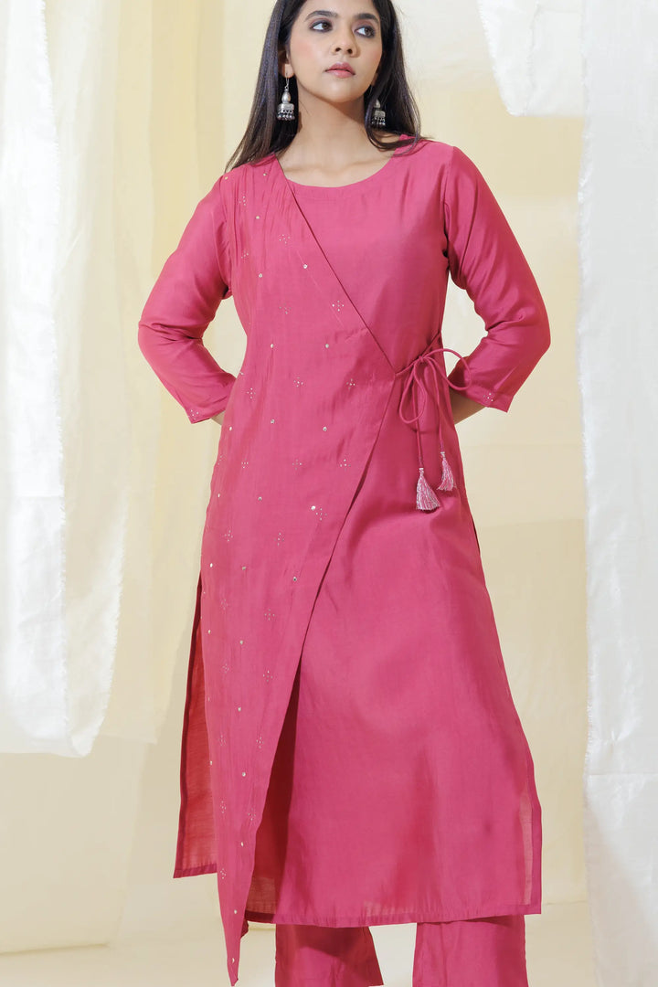 Hot-pink Kurtis Set | Beautiful viscose-silk mukaish linening work Finish