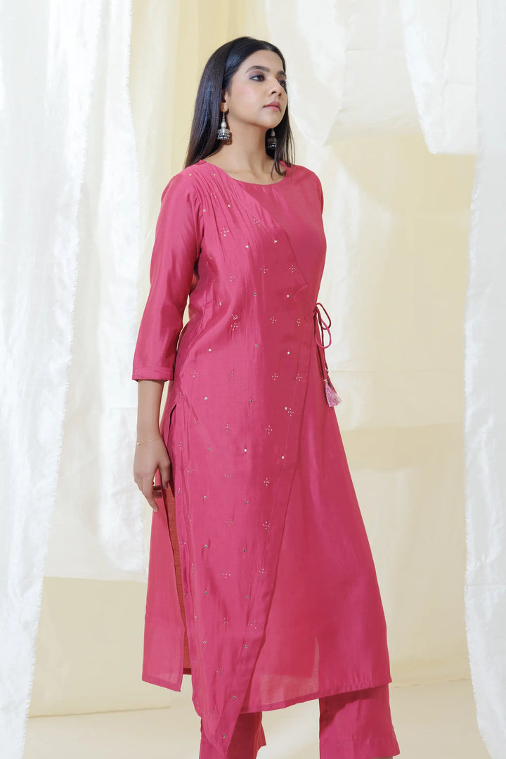 Hot-pink Kurtis Set | Beautiful viscose-silk mukaish linening work Finish