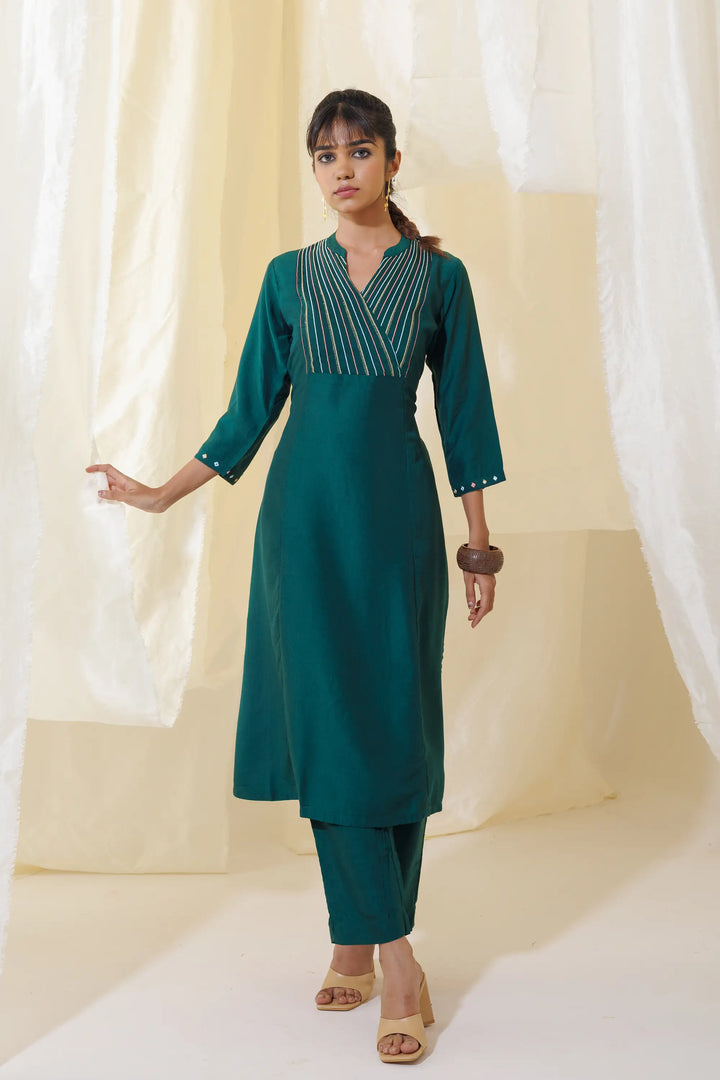 Elegant Kurtis Set | embroidery work linening work muslin in bottle-green