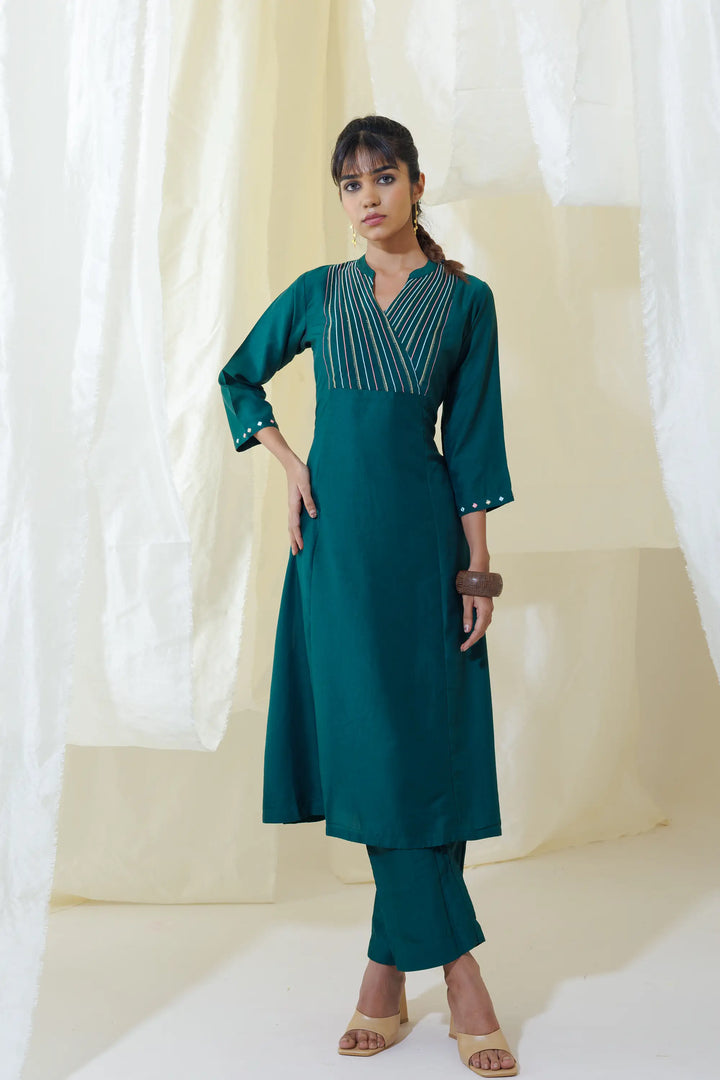 Elegant Kurtis Set | embroidery work linening work muslin in bottle-green